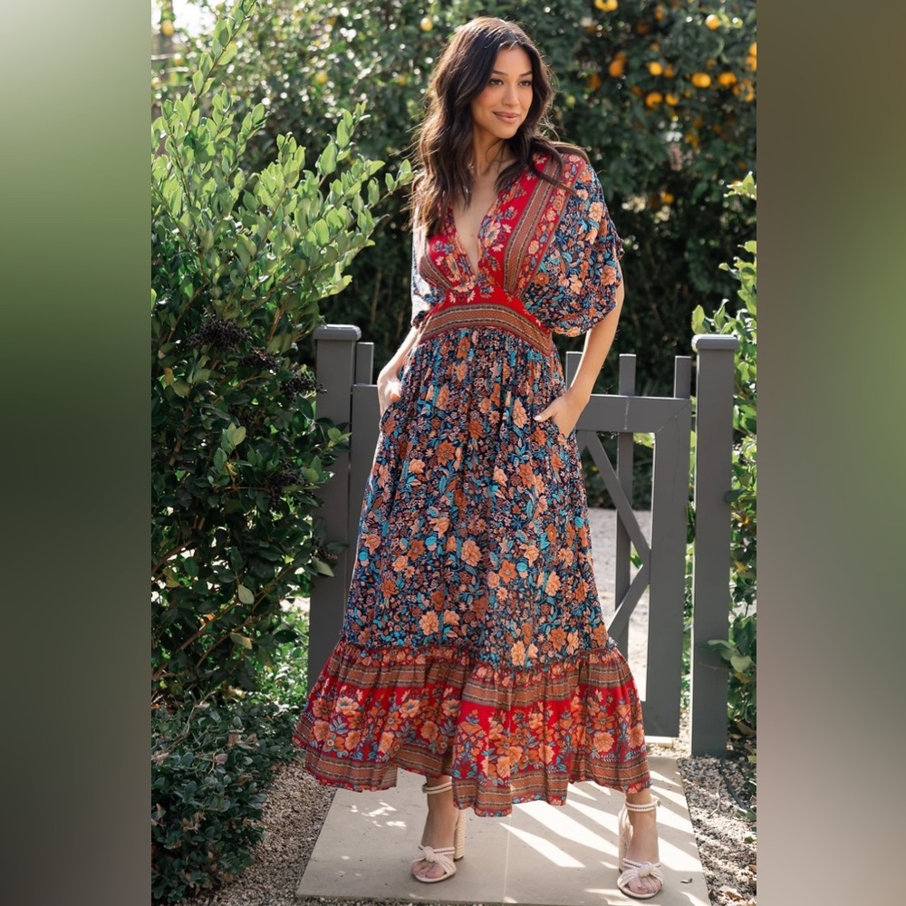 Baltic Born Floral Midi Dress - Red and Blue